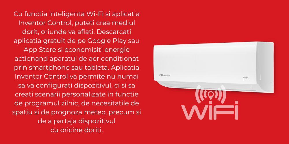 Aparat de aer conditionat Inventor 18000 BTU Vero cu mod Eco,Wi-fi,iA Plus (VERI-18WFI/VERO-18) 3 Cu ajutorul noului mod ECO disponibil la apasarea butonului de pe telecomanda puteti programa aparatul dumneavoastra de aer conditionat sa functioneze la cel mai redus nivel al consumului reusi 2